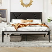 Sha Cerlin Black Queen Size Metal Platform Bed Frame with Leather Headboard & Underbed Storage, Adult