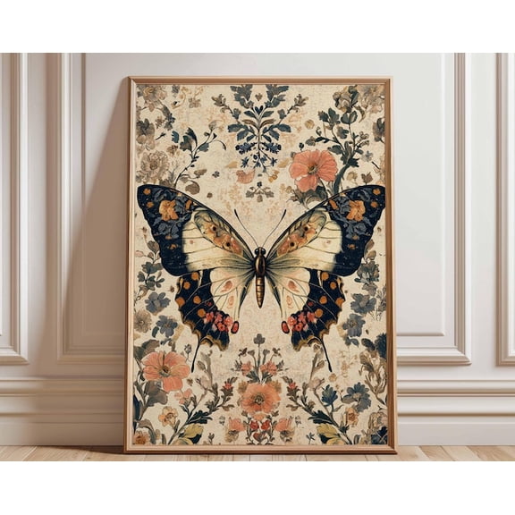 Vintage Butterfly Floral Wall Art Print, Unframed Paper Poster 8x10in