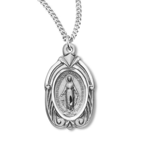 Women's Sterling Silver Deep Carving Miraculous Medal Necklace + 18" Sterling Silver Chain & Clasp