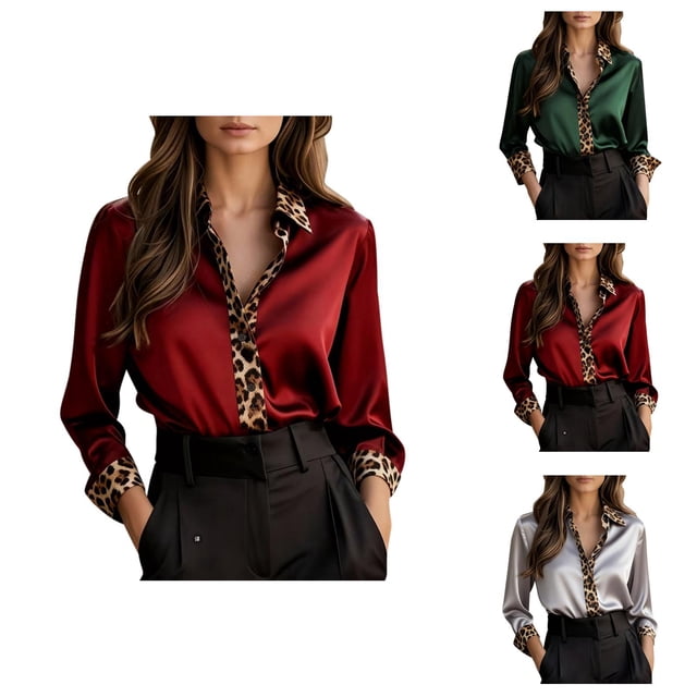 Haut à Manches Longues pour Femmes à Imprimé Léopard Patchwork 2026 Tendance avec Boutons, Col à Revers, Chemisier en Satin
