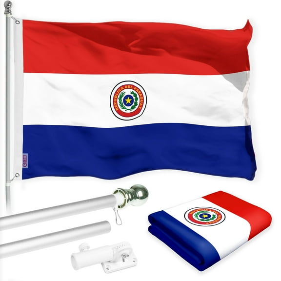 G128 Combo Pack: 6 Ft Tangle Free Spinning Flagpole (Silver) & Paraguay Flag 3x5 Ft Printed 150D Polyester, Brass Grommets (Flag Included) Aluminum Flag Pole