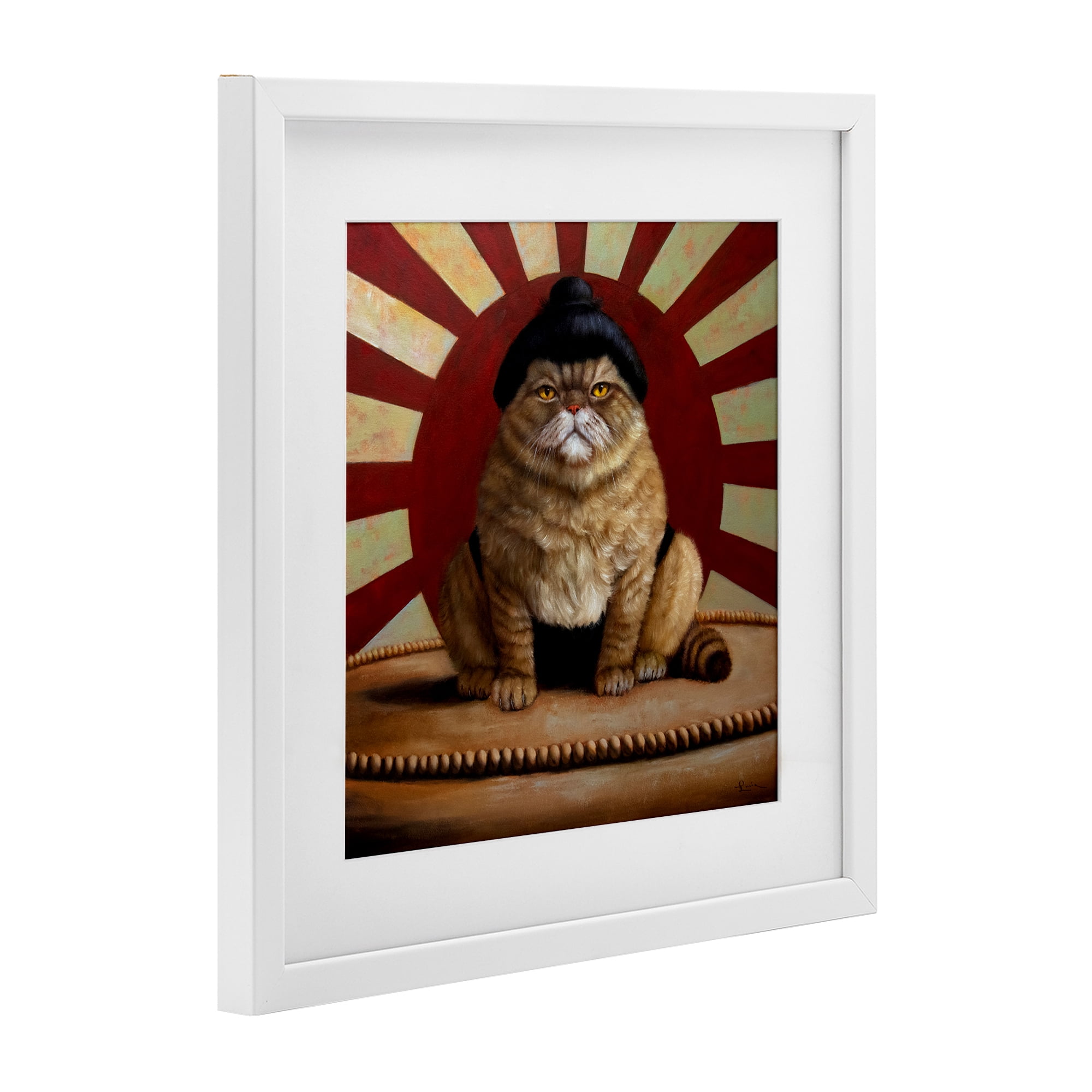 Stupell Industries Sumo Cat with Sun Rays White Framed Print Under Glass, design by Lucia Heffernan