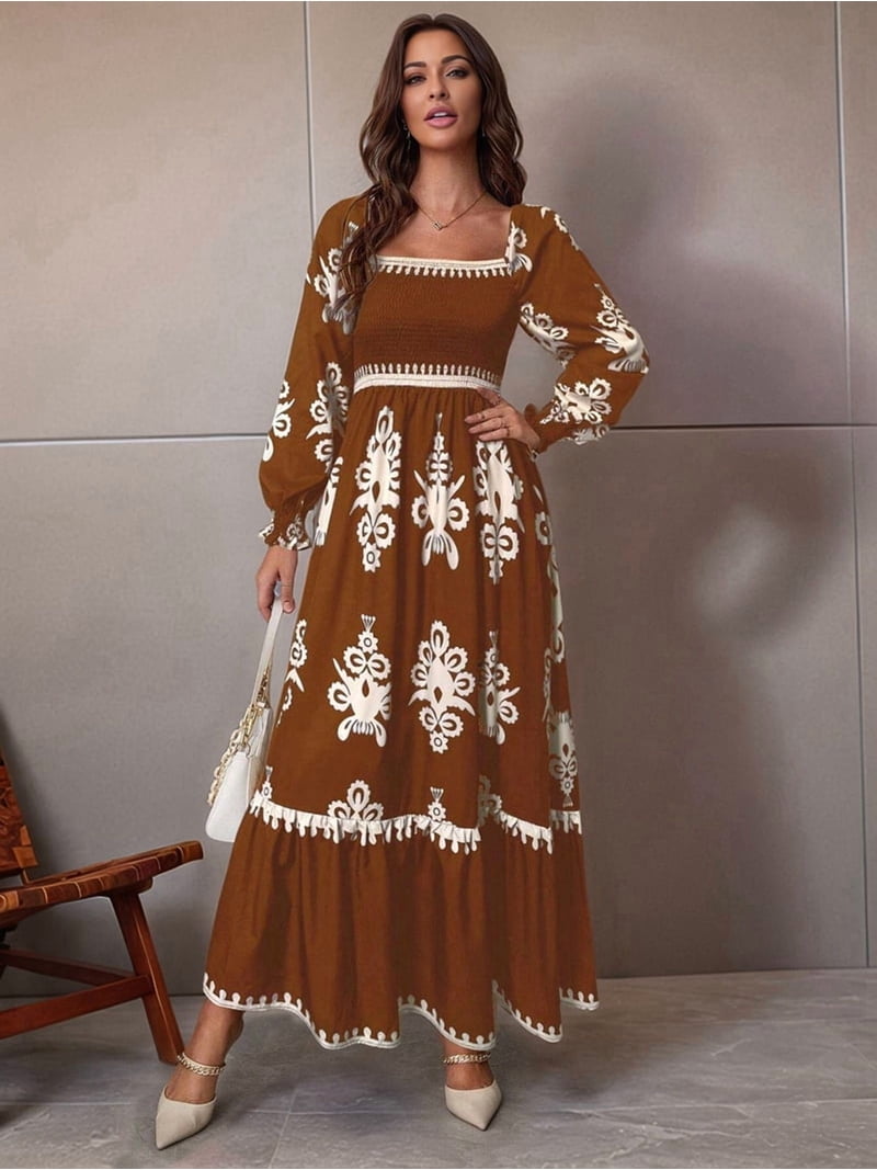Women'S Autumn Wedding Guest Dress Bohemian Floral Long Sleeve V-Neck Flowing Elegant Maxi Dress Beachwear Brown XXL