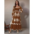 thumbnail image 6 of Women'S Autumn Wedding Guest Dress Bohemian Floral Long Sleeve V-Neck Flowing Elegant Maxi Dress Beachwear Brown S, 6 of 9