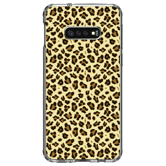 DistinctInk Clear Shockproof Hybrid Case for Samsung Galaxy S10e (5.8" Screen) - TPU Bumper, Acrylic Back, Tempered Glass Screen Protector - Black Beige Tan Leopard Skin Spots