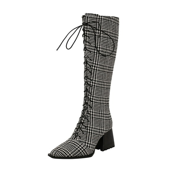 Bmisegm Ladies Fashion Leopard Print Pointed Front Lace up Side Zipper Thick High Heel Long Boots Shoes Boots for Women White 9