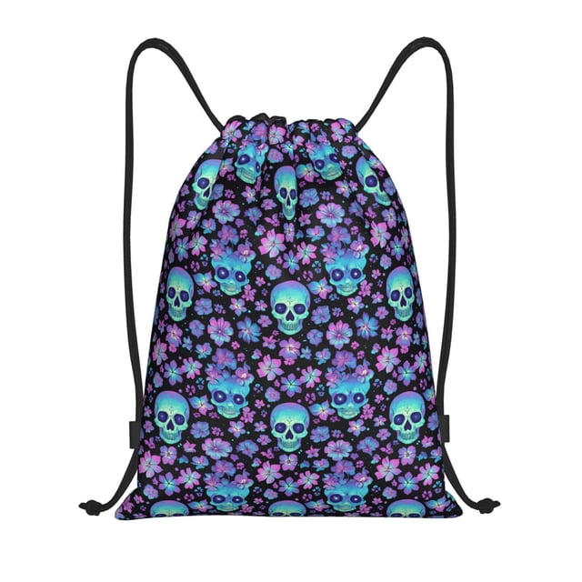 Xecao Funny Skull Flower Pattern Sports Drawstring Backpack - String Swim Gym Bag with Wet Proof Pocket for Women&Men-Small