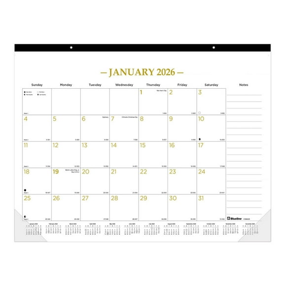 2026 Blueline Classic Gold Monthly Desk Pad Calendar, 22" x 17", Gold/White, January To December, C199003
