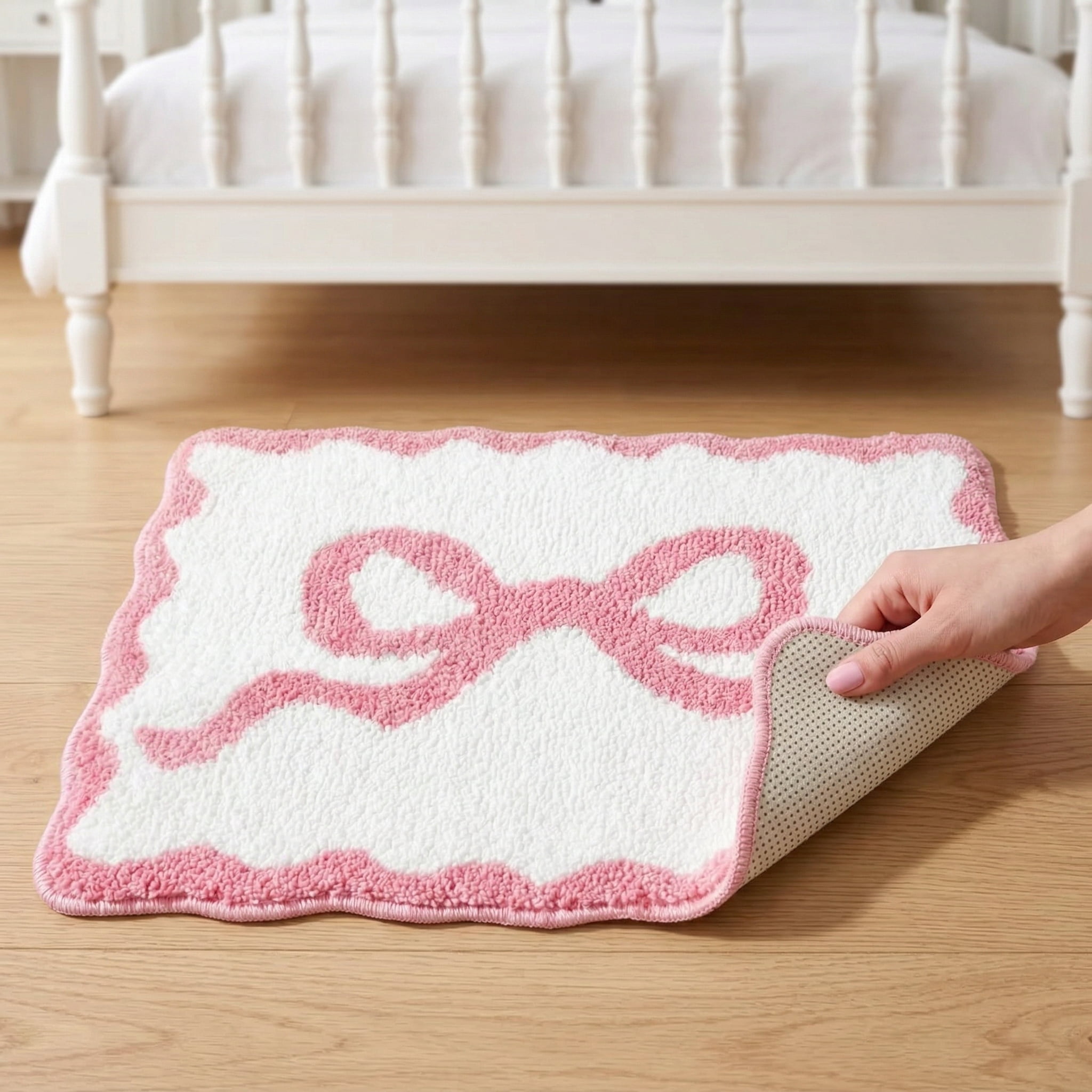 Pink Bow Bathroom Rug 16" x 24", Scalloped Bow Bath Mat Non Slip, Cute Aesthetic Coquette Carpet, Microfiber Absorbent Bath Mat for Bathtub Shower Bedroom Valentine Decor