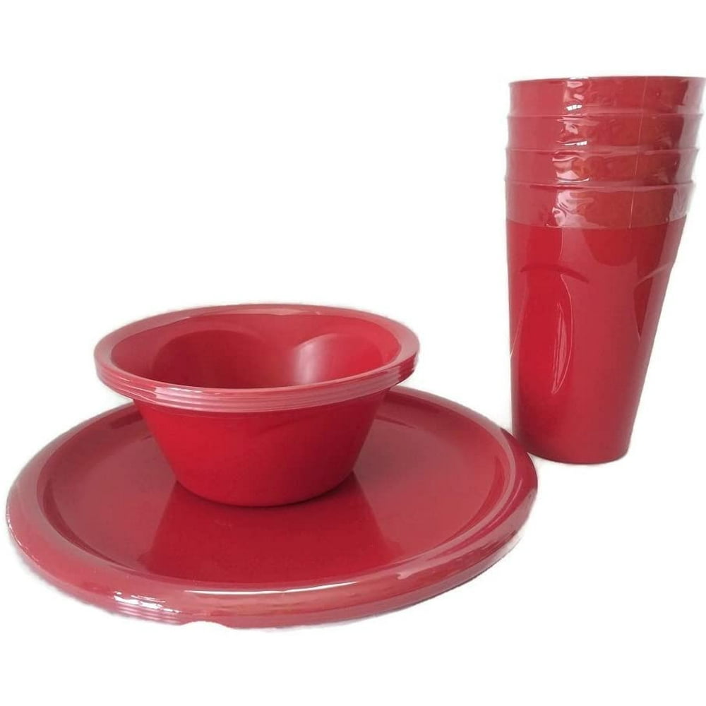 Everyday Dinnerware Reusable Plastic Plate Set 4 Cups, 4 Bowls And