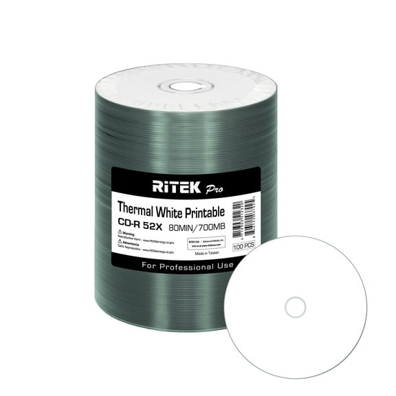 100 Pack Ritek Pro (Professional Grade) CD-R 52X 700MB White Thermal Hub Printable Blank Media Recordable Disc
