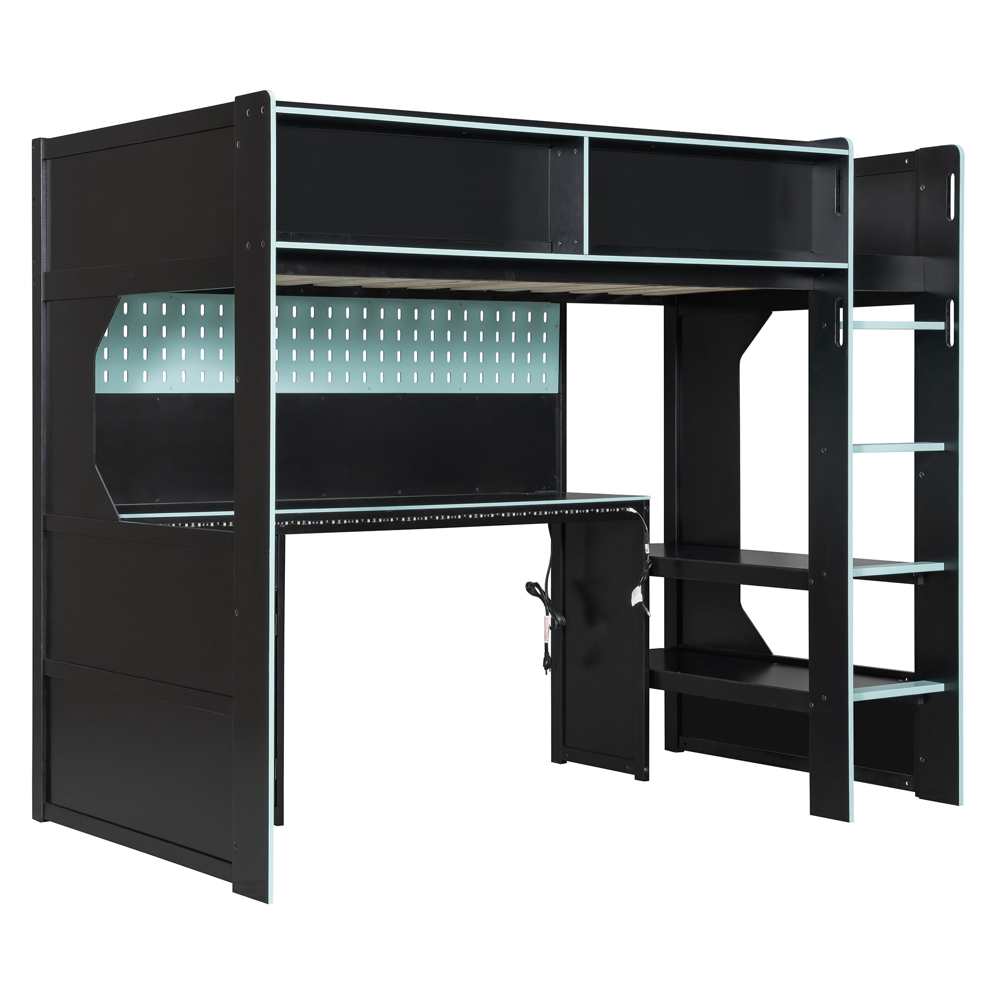 Mintazer Twin Size Gaming Loft Bed with Desk & LED Lights, Modern Bed Frame with Storage Shelves & Pegboard and Charging Station for Dorm Bedroom Apartment, Black & Blue