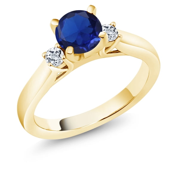 Gem Stone King 18K Yellow Gold Plated Silver Blue Created Sapphire and White Topaz 3-Stone Engagement Ring for Women (1.28 Cttw, Round 6MM, Gemstone September Birthstone, Size 7)