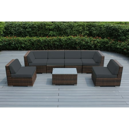 Ohana 7 Piece Outdoor Wicker Patio Furniture Sectional Conversation Set - Mixed Brown Wicker