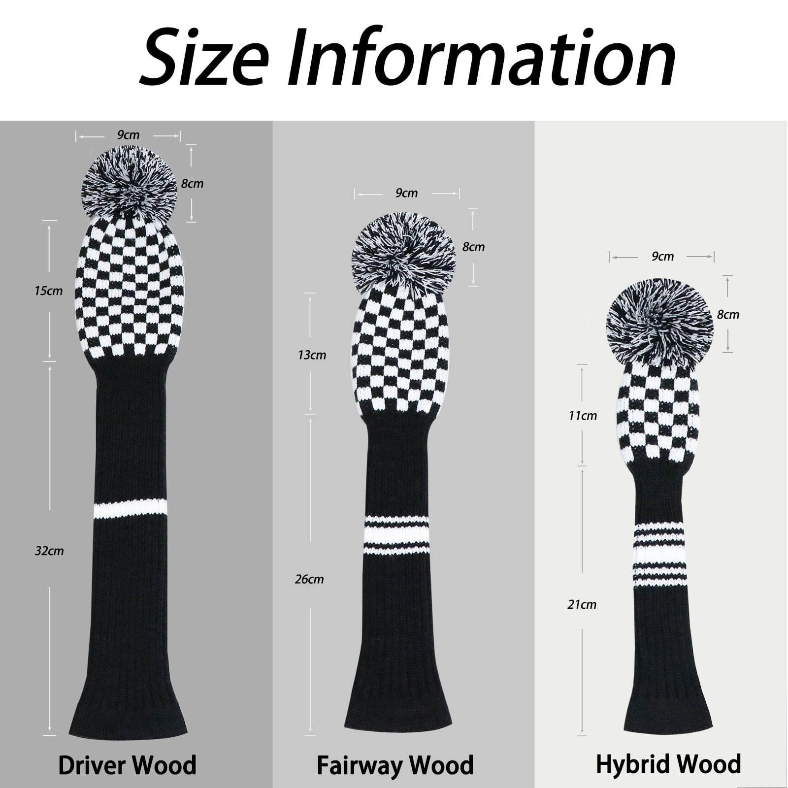 LeFeng 3Pcs Golf Club Head Covers Set Knitted Golf Head Covers for 460cc Driver Fairway Woods and Hybrid with Cute Pom Pom and Number Tag