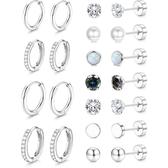 DESIGNICE Silver Hypoallergenic Surgical Steel Stud Hoop Earrings for Sensitive Ears,Small Flat Back Earring Stack Set,Cartilage Silver Hoops