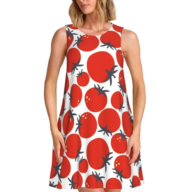 Fotbe Hand Drawn Tomatoes Vestido de Verano sin Mangas para Mujer – Vestido Midi Línea A, Estilo Camiseta Floral, Vestido Playero Casual y Fluido