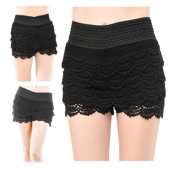 TD Collections Women's Elastic Waist Tiered Crochet Lace Scallop Hem Casual Mini Shorts