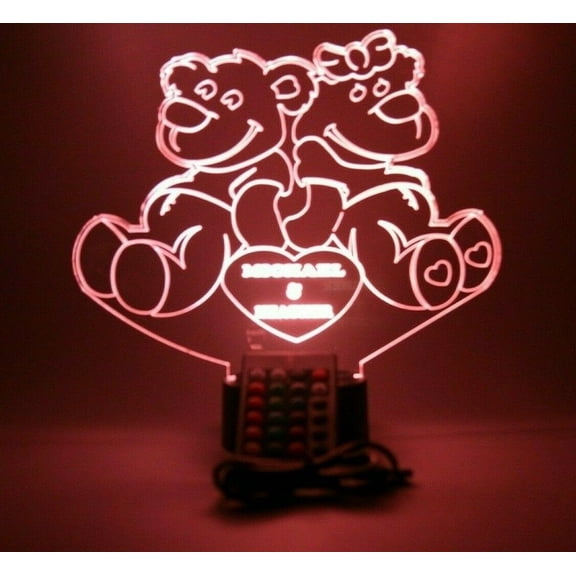 Couple Love Bears with Heart Good Together Pair Night Light Up Table Desk Lamp LED Free Engraved Custom Name Personalized with Remote, 16 Color Options, Dimmer, It's Wow, Great Gift