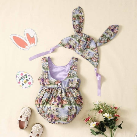 

Easter Baby Girls Sleeveless Vintage Bunny Carrot Print Romper Elastic Waisted Graphic Jumpsuit with Rabbit Ear Cap Two-piece Sets