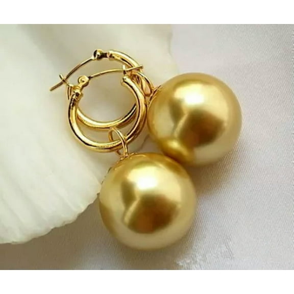K-KED Beautiful 8/10/12/14/16mm Round Golden South Sea Shell Pearl Dangle Earrings-16 mm