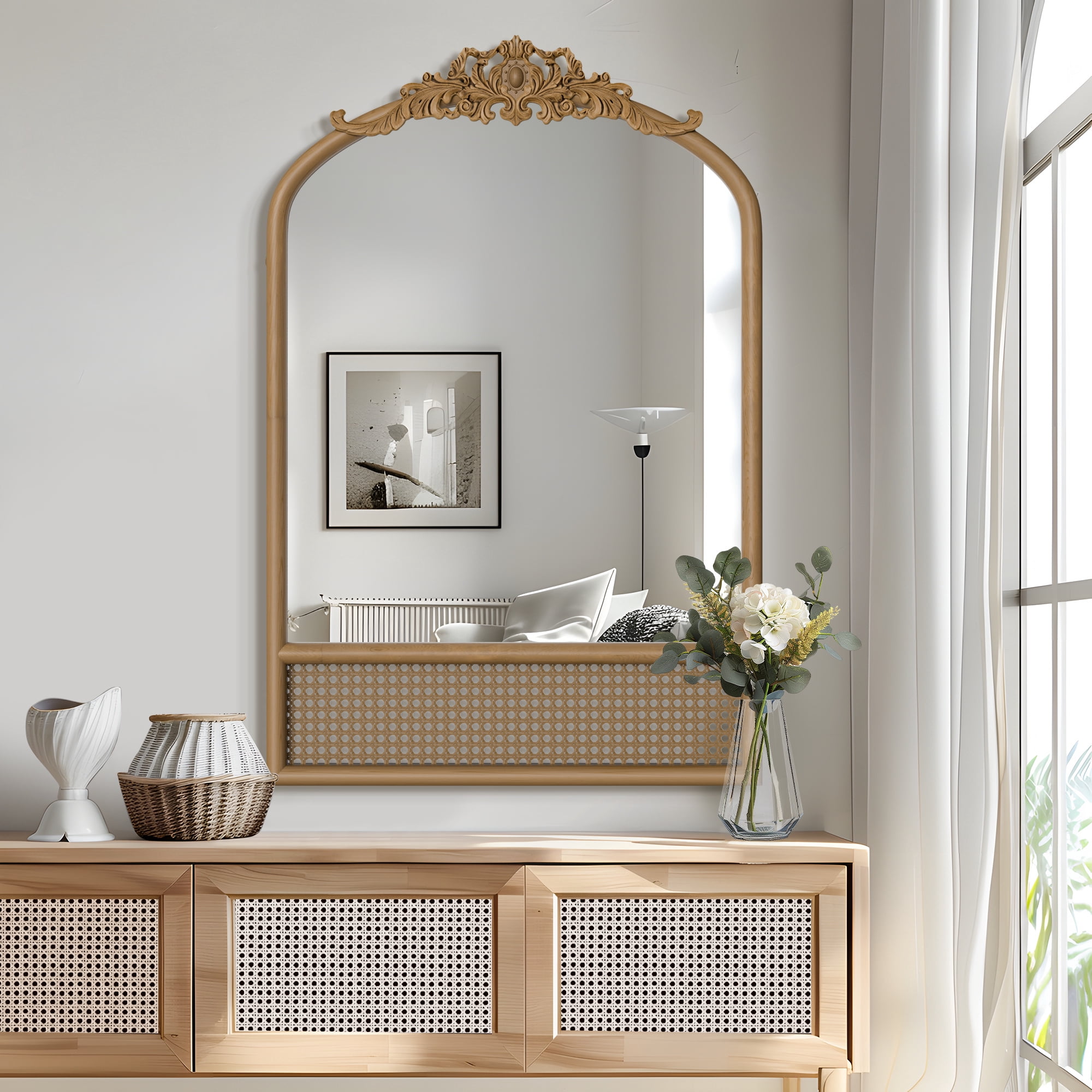 36"x24" Wood Rattan Wall Mirror Carved Arched Mirror,Natural