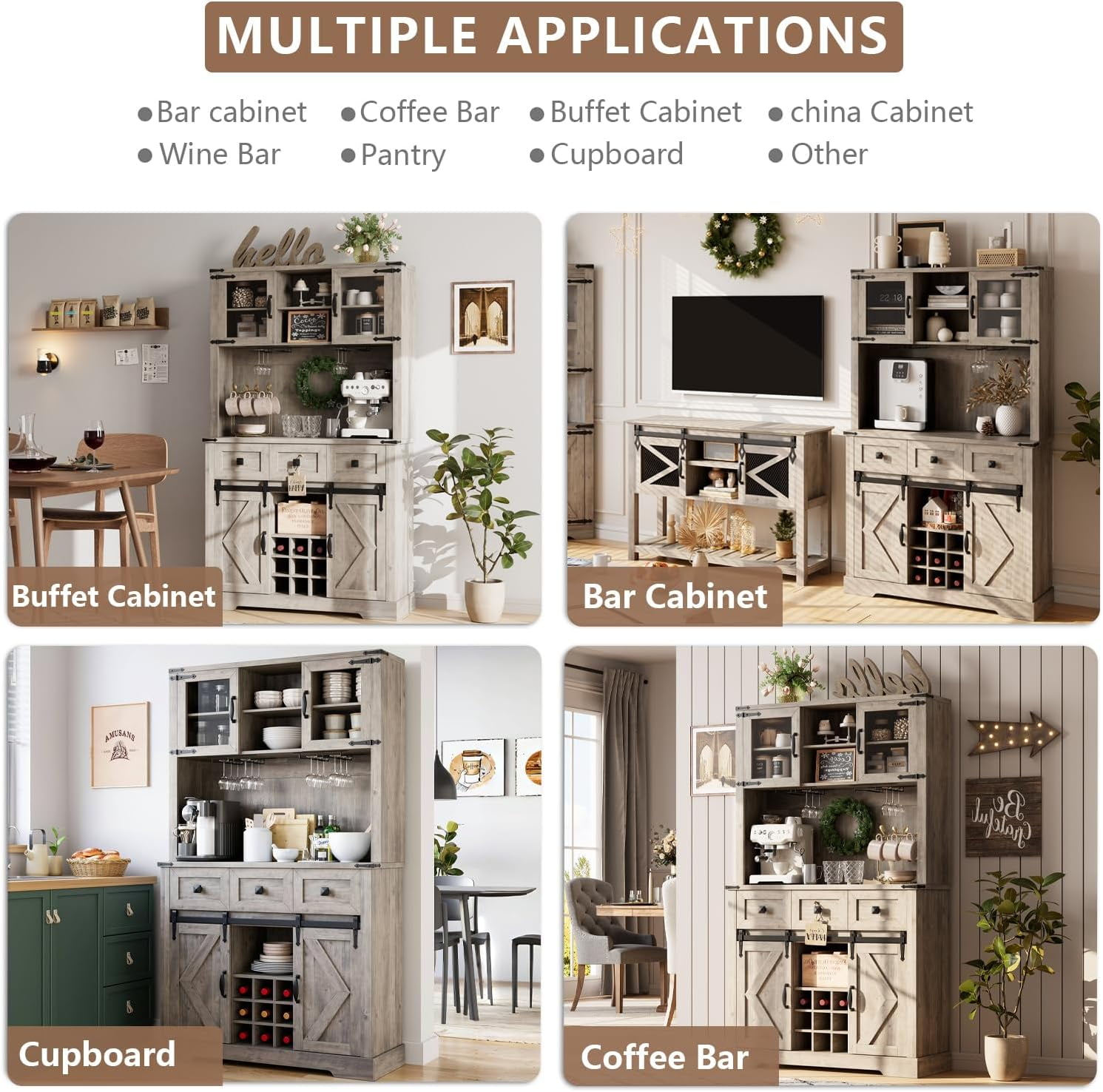 Homhougo 72" Kitchen Pantry Storage Cabinet with Hutch and Sliding Barn Door, Farmhouse Tall Buffet Cabinet with Drawers, Large Coffee Bar with Wine & Glasses Rack, for Home Living Room, Grey