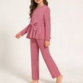 thumbnail image 2 of CPNG Girls Clothes Rib-Knit Outfit Ruffle Sleeve Shirt with Belt 3Pcs Straight Wide Leg Pant Set Teen Girls Fashionable Casual Dress Set(Hot Pink,10-11 Years), 2 of 5