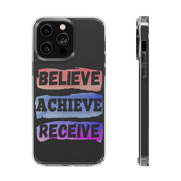 DistinctInk Clear Hybrid Case for Apple iPhone 15 Pro (6.1" Screen) - Believe Achieve Receive - Tempered Glass Back