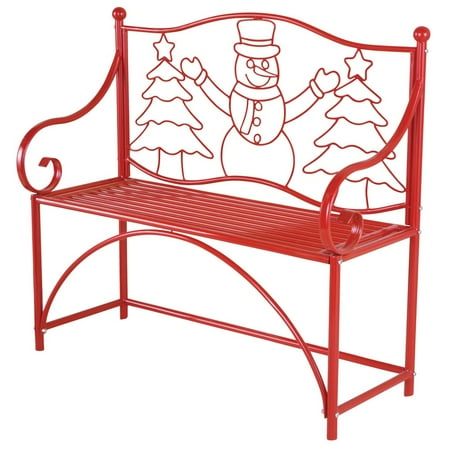 Festive Red Metal Snowman And Christmas Tree Decorative Bench For Festive Red Metal Snowman And Christmas Tree Decorative Bench For Front Porch Garden