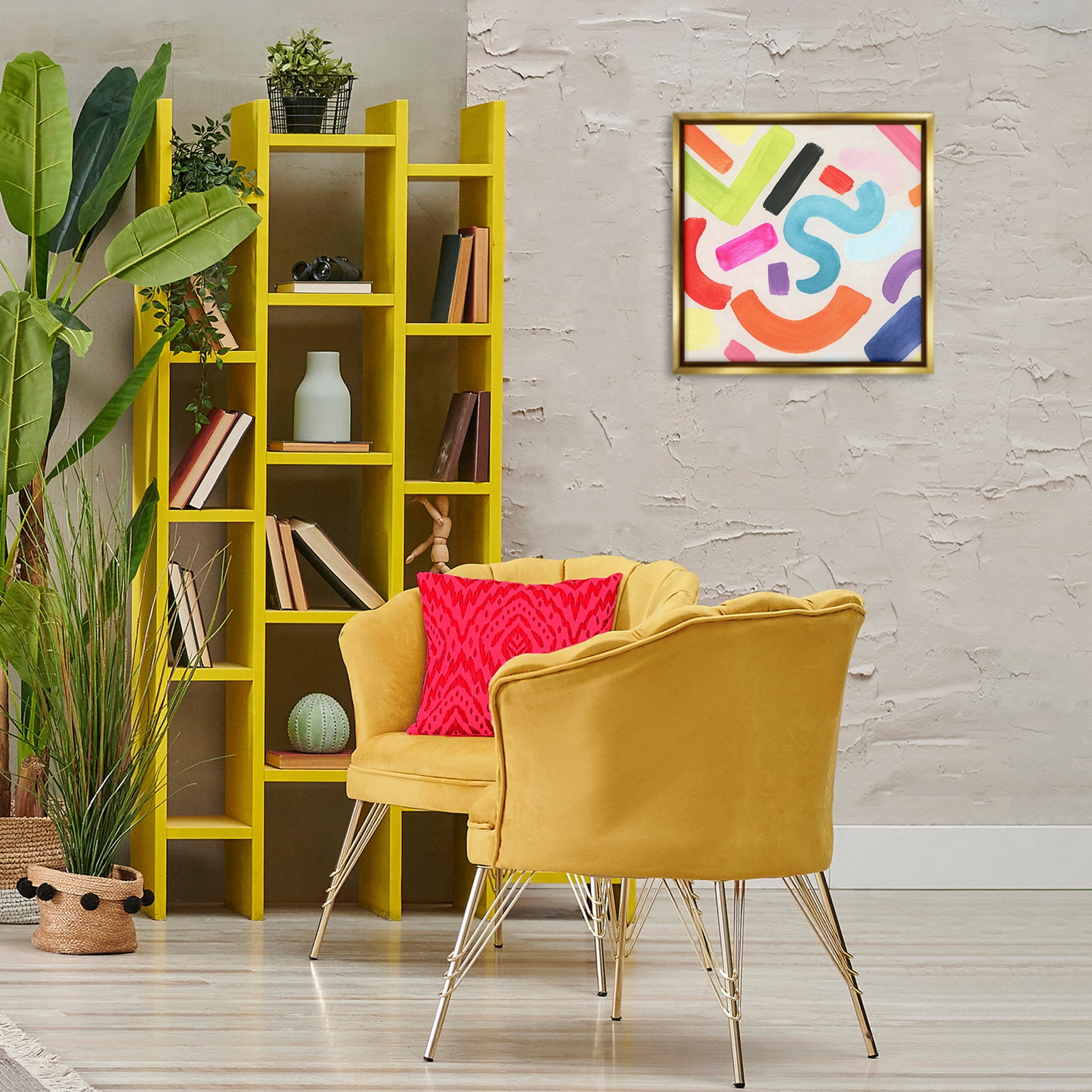 Stupell Industries Retro Squiggle Shapes Abstract Painting Gold Floater Framed Canvas Art Print Wall Art, 18 x 18