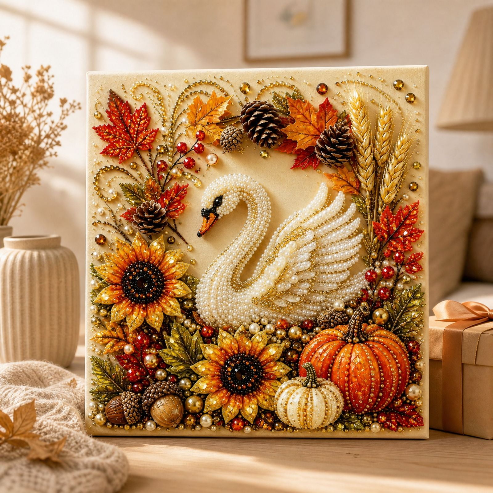 Autumn Pearl Painting Kit Beginner Pearl Diamond Art Kit with Frame Rhinestones Beads and Tools Fall Pumpkin Sunflower Craft for Adults and Thanksgiving Decor (Pumpkin Swan)