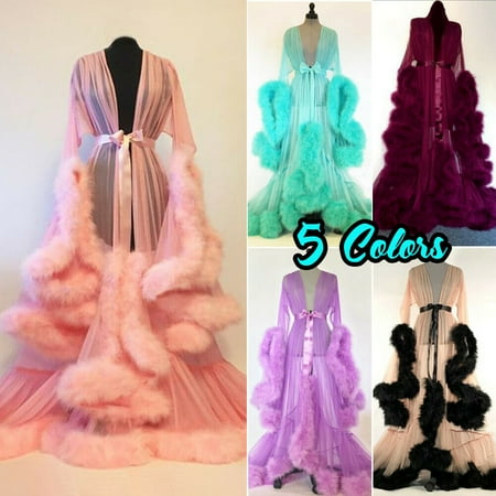 suanret Women Sexy Long Lace Kimono Dressing Gown Bath Robe Babydoll Lingerie Nightdress