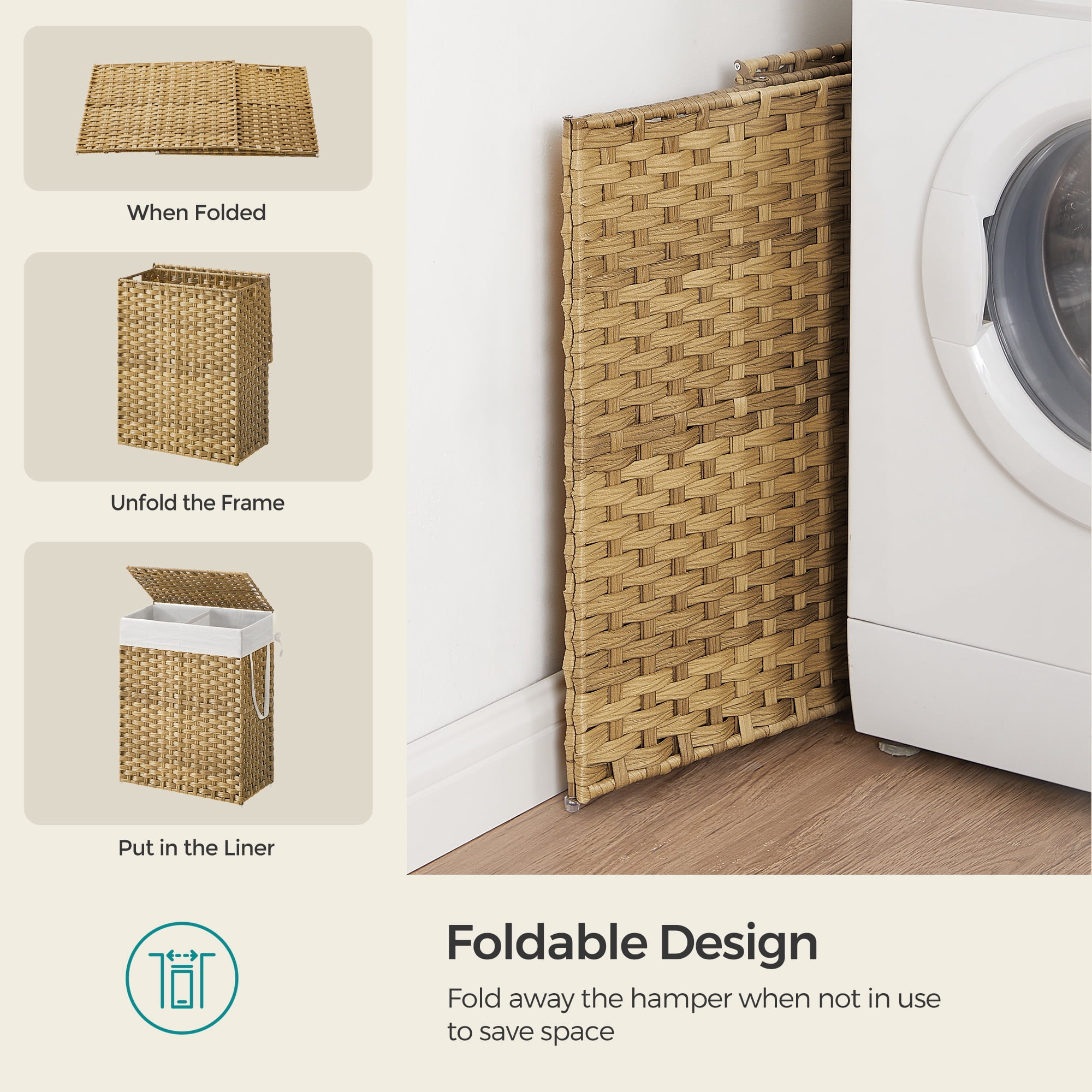 LEDREM Double-Section Laundry Hamper with Lid - 90L Capacity, 2 Removable Washable Liners, 6 Mesh Bags, Steel Frame & Wicker for Bathroom, Natural