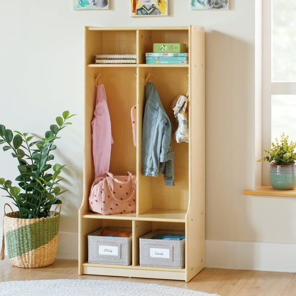 Guidecraft EdQ 2-Section Wooden Storage Locker with Bench Seat for Classroom, Kids Cubby Organizer with Shelves and Hooks for Coats