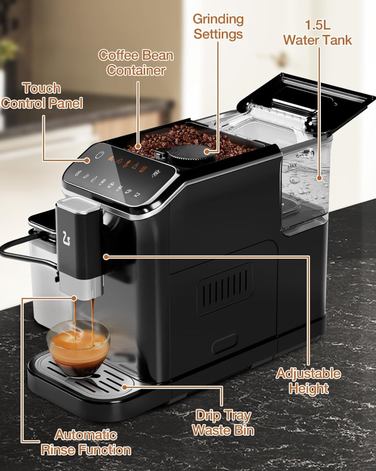 Garvee Professional Automatic Espresso Machine, 20 Bar Coffee Machine with Automatic Milk Frother, 1-15 Adjustable Grind for Home, Black
