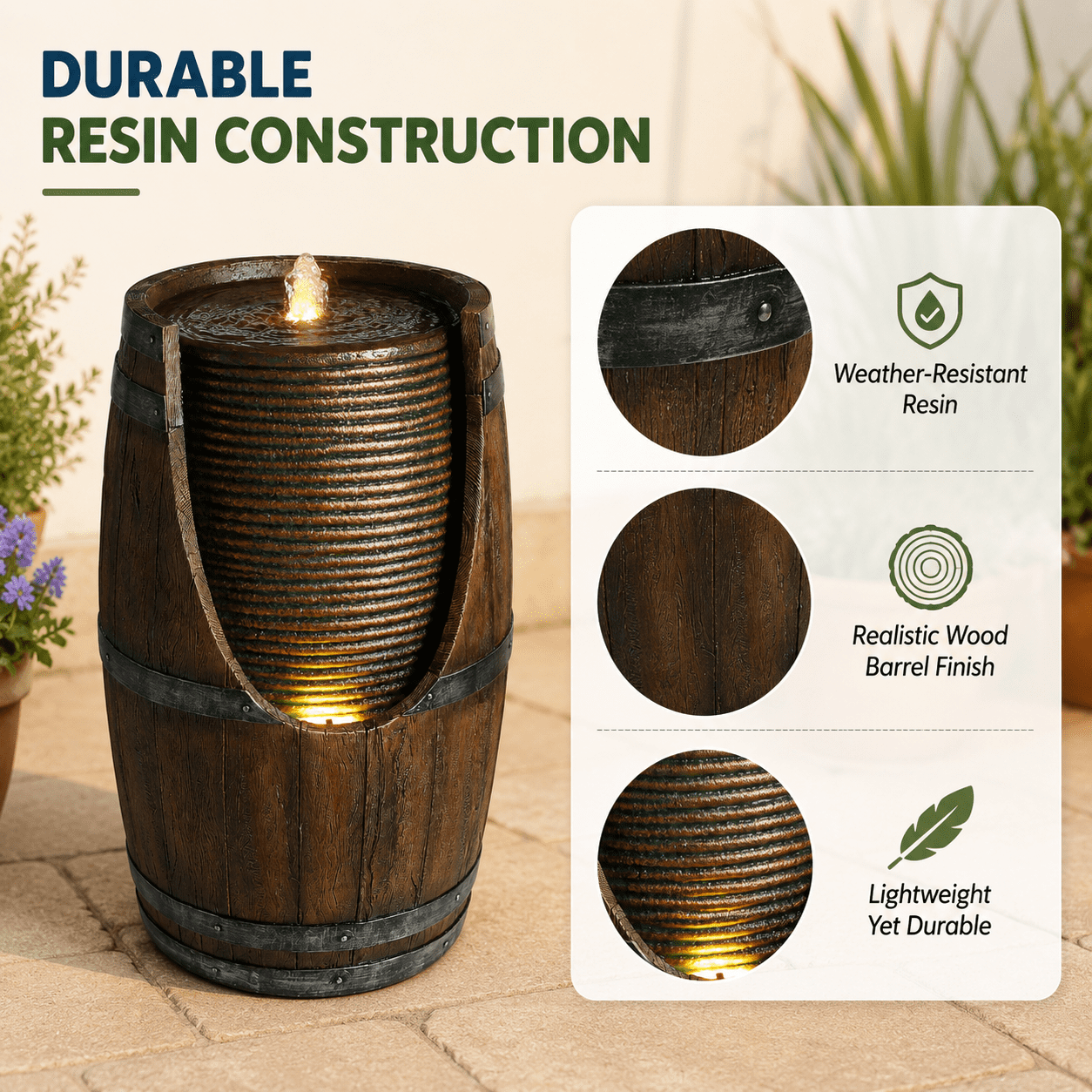 Aukfa Farmhouse Barrel Outdoor Water Fountain with LED Lights for Patio Garden Yard,Brown