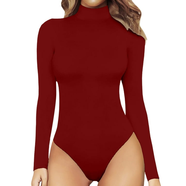 Women's Turtle Neck Long Sleeve Bodysuit Shapewear Lined Plush Bodysuit  Jumpsuit Basic Tops Thong Body Suits Red-D XL 