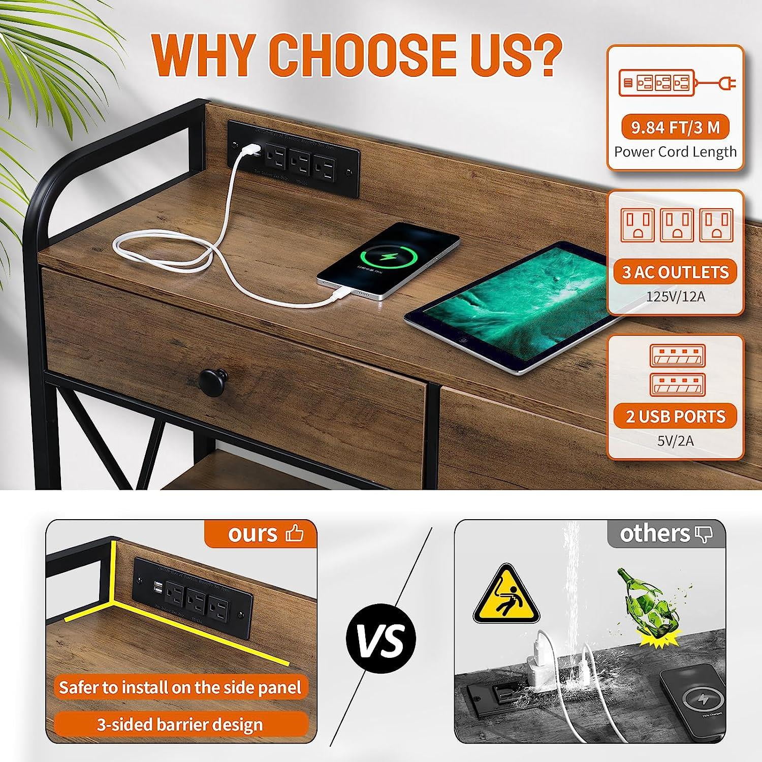 Zimtown Console Table with Power Outlet, 55" Narrow Sofa Table Industrial Entryway Table with USB Ports, Behind Couch Table for Entryway, Hallway, Foyer, Living Room, Bedroom