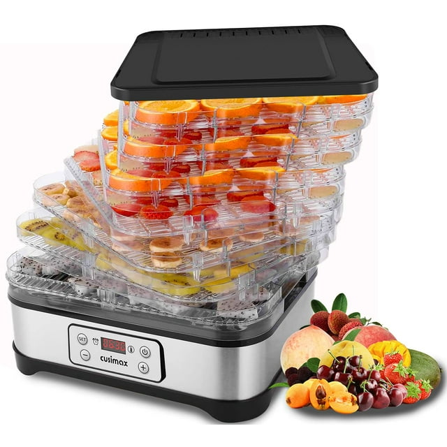 CUSIMAX Food Dehydrator with digital timer and temperature control, featuring 5 BPA-free transparent trays filled with assorted fruits like oranges, strawberries, and bananas. The stainless-steel base includes an LED display for precise settings. Compact and lightweight, it offers 360° even dehydration with a 300W power output and overheat protection. Ideal for making jerky, dried fruits, and other snacks.