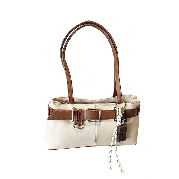 Women's Canvas Shoulder Bag with Belt Accent, Retro Tote Handbag, Casual Everyday Purse with Charm Pendant, Beige Brown