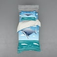 thumbnail image 1 of Whale Duvet Cover Set, Ocean Sunny Summer Landscape with Huge Jumping Whale on Air Cartoon Style Design Artwork, Bedding Set with Shams and Fitted Sheet, 3 Sizes, by Ambesonne, 1 of 3