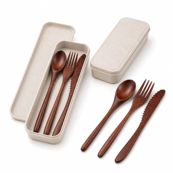 KuKeDi 6 Piece Wooden Utensil Set for Eating with Storage Box, Reusable Portable Fork Spoon Knife Set for Lunch, Office, Picnic, Camping and Travel