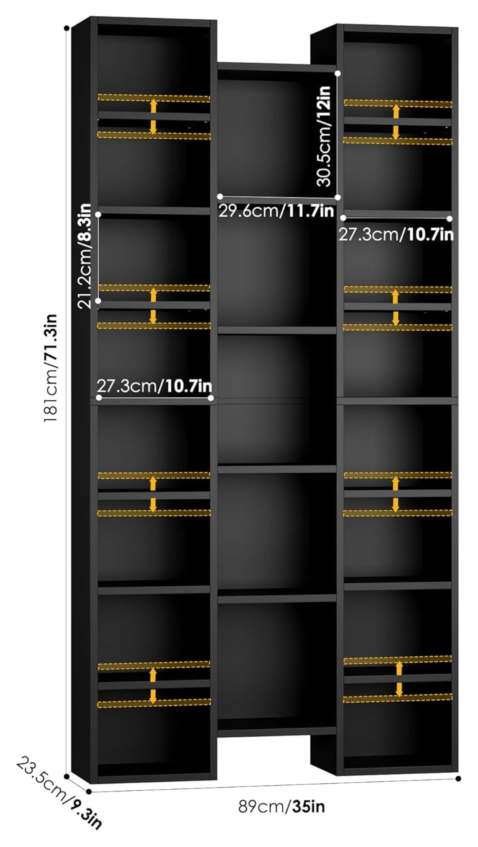 71’’ Tall Bookshelf, Triple Wide Black Bookshelf with Adjustable Shelves, 8 Tier Media Storage Tower Rack, Diaplay Cabinet Shelf, Cube Storage Organizer Shelf for Home Office, Black