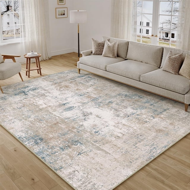 x Washable Area Rug for Living Room Bedroom Cream Neutral Carpet Low Pile Soft Thin Tapis Salon Abstract Modern Vacuumable Lightweight Large Throw Rug for Dining Room Kitchen