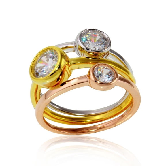 Three-Tone 925 Gold Plated Sterling Silver Stackable Trio Ring Band White CZ Female Size 6