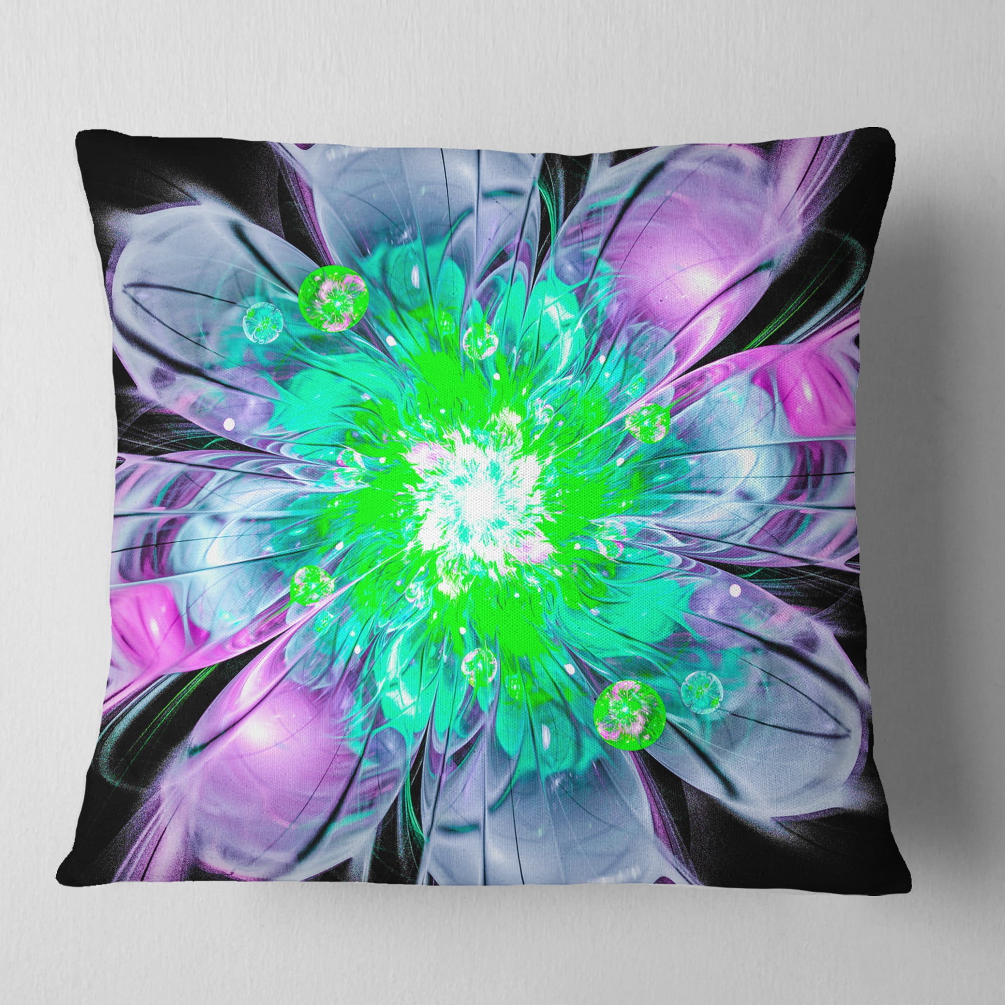 Designart Green Purple Fractal Flower Petals Close up - Floral Throw Pillow - 16x16