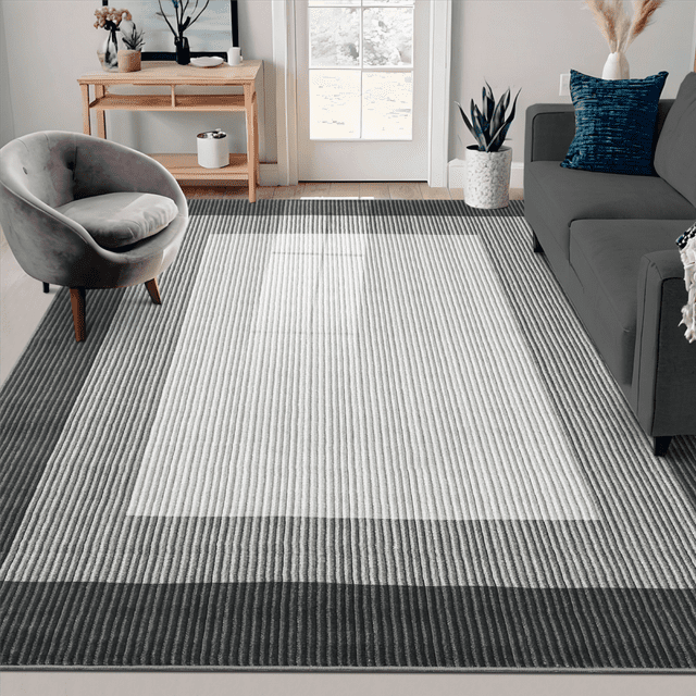 Garvee 9'x12' Large Area Rugs for Living Room Bedroom Modern Farmhouse Bordered Low Pile Non Slip Area Rug, Black Gray