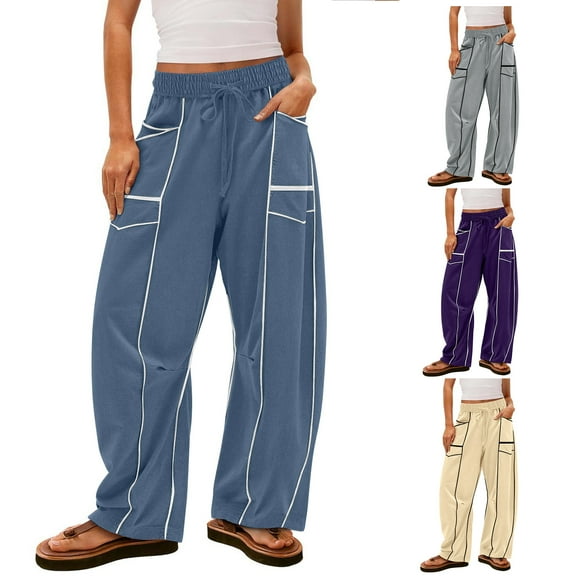 Sweatpants For Women Solid Color Mid-waist Double Button Casual With Pocket Blue Training Joggers (XL)