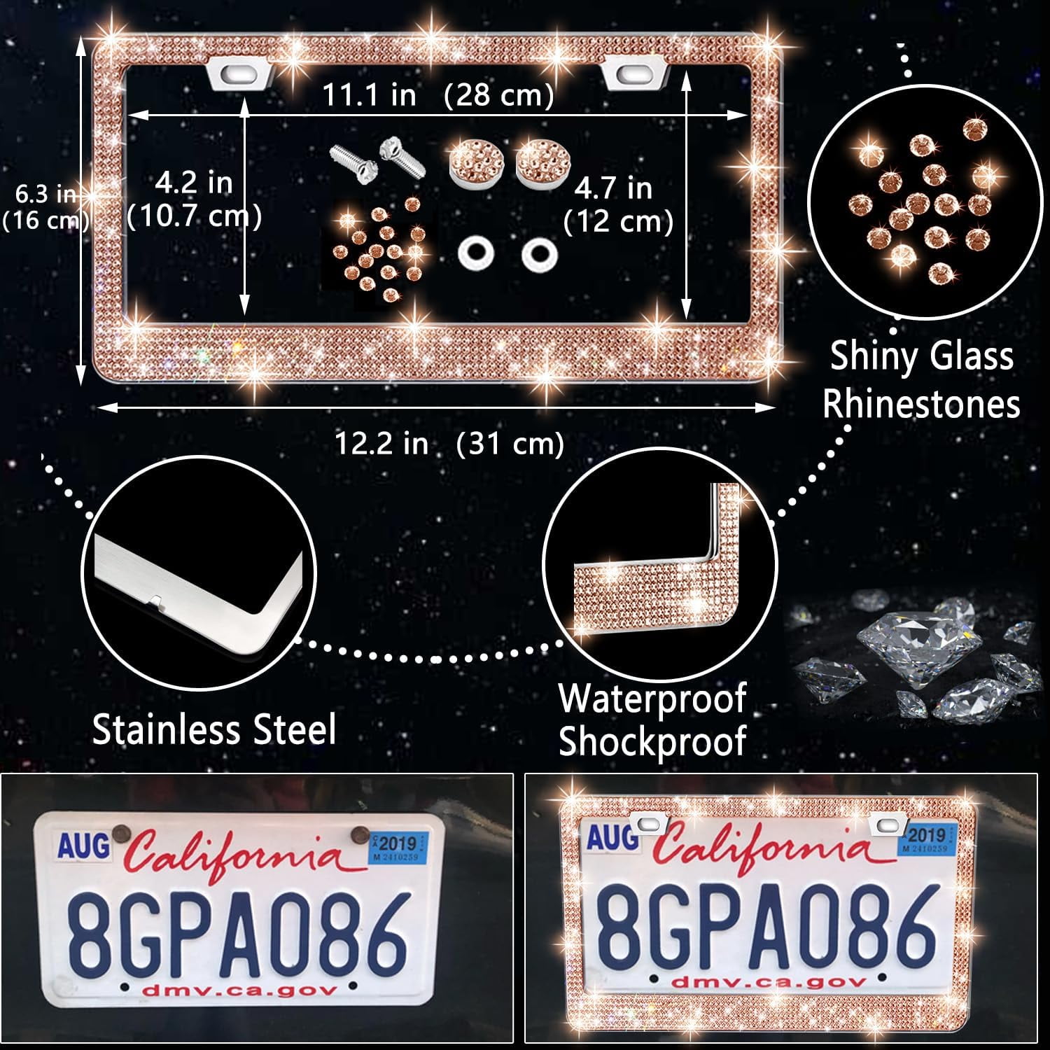 27 PCs Gold Champagne Bling Car Accessories Set for Women, Steering Wheel Covers Universal Fit 15 Inch, Bling License Plate Frame, Bling Phone Holder, Bling Car Coasters